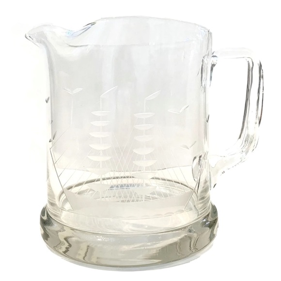 Vintage Clear Glass Pitcher Jug with Etched Ship Sail Boat Design Heavy Sailor - Picture 1 of 7